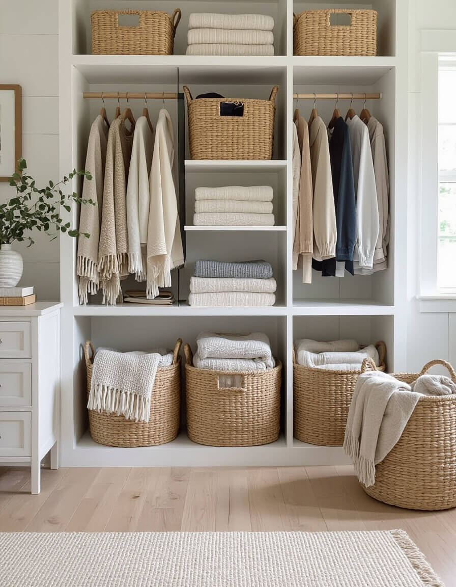 Large seagrass baskets storing blankets and clothes in bright white farmhouse bedroom with light wood floors and woven organization ideas