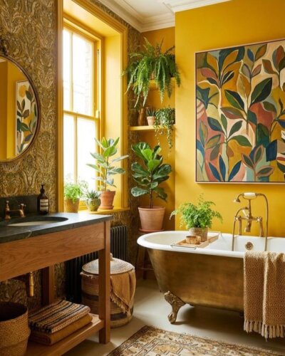 Golden yellow bathroom with vintage clawfoot tub, leafy plants, wooden vanity, and brass fixtures from @peccolehouse. Warm and lively yellow bathroom ideas.