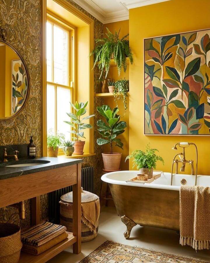 Golden yellow bathroom with vintage clawfoot tub, leafy plants, wooden vanity, and brass fixtures from @peccolehouse. Warm and lively yellow bathroom ideas.
