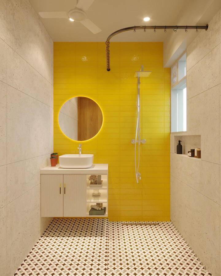 yellow tiled wall bathroom from @thedesignhousecompany bright modern space with patterned floor and floating vanity yellow bathroom ideas